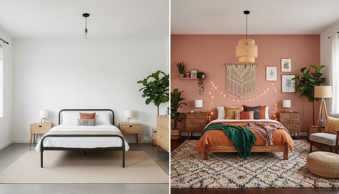 Before and after room transformation using AI interior design app showing dramatic improvement